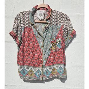 Z&L Womens Top Medium Pink Blue Paisley Floral Button‎ Up Metallic Pajama Blouse